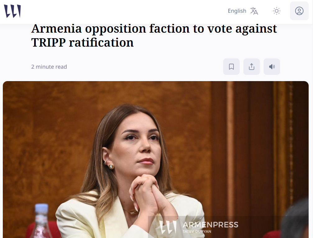 Armenpress: Armenian opposition to oppose TRIPP deal ratification